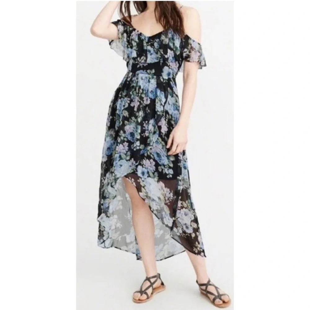 Abercrombie & Fitch Floral High-Low Maxi Dress Black Blue Cold Shoulder Ruffle